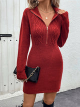 BEAUTIFUL I AM Cable-Knit Half Zip Long Sleeve Sweater Dress