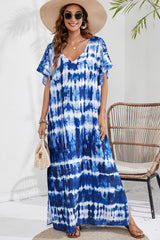 BEAUTIFUL I AM Slit Printed V-Neck Short Sleeve Cover Up Dress