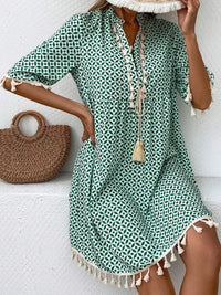 BEAUTIFUL I AM Tassel Printed Notched Half Sleeve Mini Dress