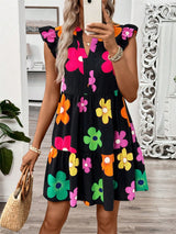 BEAUTIFUL I AM Ruffled Printed Notched Cap Sleeve Dress