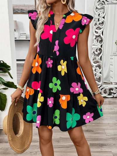 BEAUTIFUL I AM Ruffled Printed Notched Cap Sleeve Dress