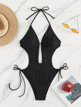 BEAUTIFUL I AM Textured Cutout Tied One-Piece Swim Set Swimwear