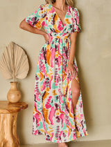 BEAUTIFUL I AM Slit Printed Surplice Short Sleeve Maxi Dress