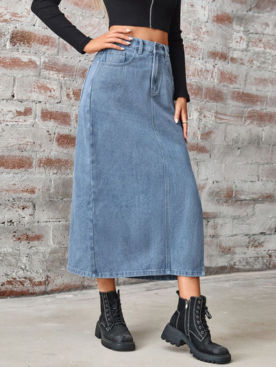 BEAUTIFUL I AM Slit High Waist Denim Skirt Dress with Pockets