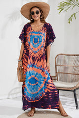 BEAUTIFUL I AM Slit Printed V-Neck Short Sleeve Cover Up Dress