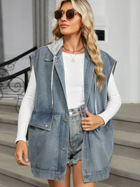 BEAUTIFUL I AM Removable Hood Button Up Cap Sleeve Denim Jacket