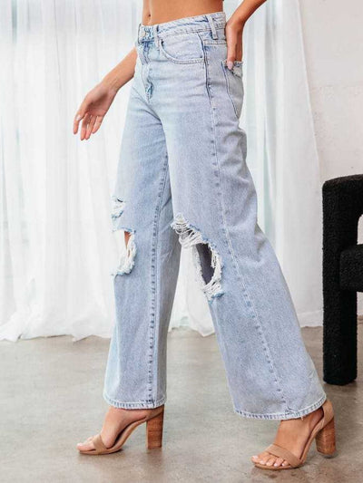 BEAUTIFUL I AM Distressed Wide Leg Jeans with Pockets