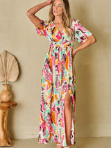 BEAUTIFUL I AM Slit Printed Surplice Short Sleeve Maxi Dress