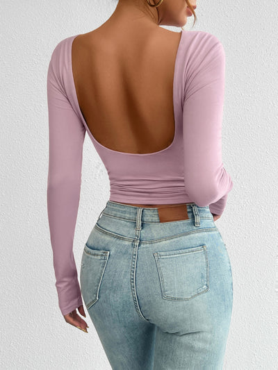 BEAUTIFUL I AM Backless Round Neck Long Sleeve Shirt