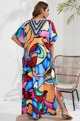 BEAUTIFUL I AM Slit Printed V-Neck Short Sleeve Cover Up Dress