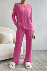 BEAUTIFUL I AM Ribbed V-Neck Top and Pants Set