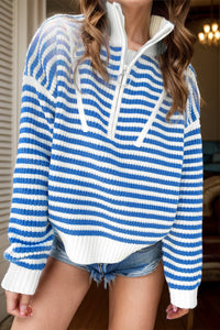 BEAUTIFUL I AM Striped Half Zip Long Sleeve Sweater