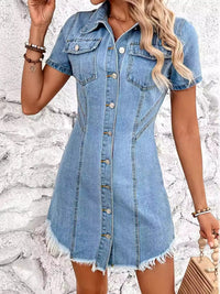 BEAUTIFUL I AM Raw Hem Button Up Short Sleeve Denim Dress