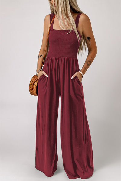 BEAUTIFUL I AM Smocked Square Neck Wide Leg Pants Jumpsuit with Pockets