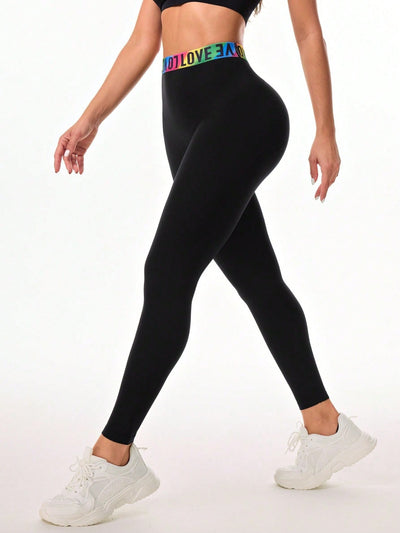 BEAUTIFUL I AM Letter Printed High Waist Active Wear Leggings