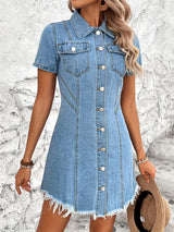 BEAUTIFUL I AM Raw Hem Button Up Short Sleeve Denim Dress