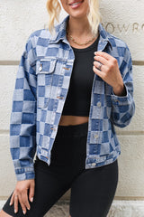 BEAUTIFUL I AM Checkered Button Up Long Sleeve Denim Jacket