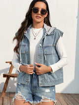 BEAUTIFUL I AM Drawstring Button Up Sleeveless Denim Jacket