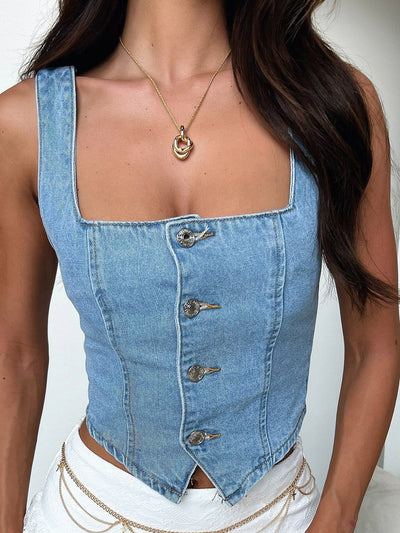 BEAUTIFUL I AM Smocked Square Neck Denim Top Shirt