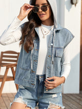 BEAUTIFUL I AM Drawstring Button Up Sleeveless Denim Jacket