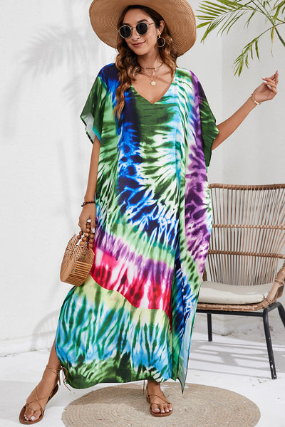 BEAUTIFUL I AM Slit Printed V-Neck Short Sleeve Cover Up Dress