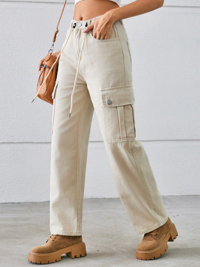 BEAUTIFUL I AM Drawstring Mid-Rise Waist Straight Cargo Jeans