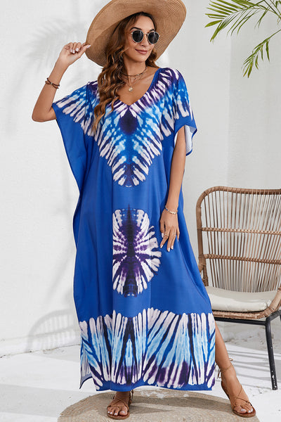 BEAUTIFUL I AM Slit Printed V-Neck Short Sleeve Cover Up Dress