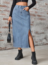 BEAUTIFUL I AM Slit High Waist Denim Skirt Dress with Pockets