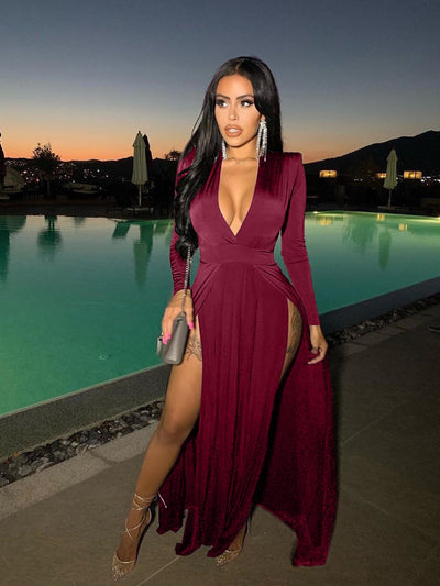 BEAUTIFUL I AM Slit Plunge Long Sleeve Dress