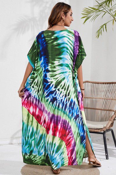 BEAUTIFUL I AM Slit Printed V-Neck Short Sleeve Cover Up Dress