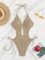 BEAUTIFUL I AM Textured Cutout Tied One-Piece Swim Set Swimwear