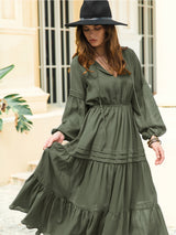 BEAUTIFUL I AM Tie Neck Long Sleeve Midi Tiered Dress