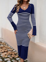 BEAUTIFUL I AM Striped V-Neck Long Sleeve Sweater Dress