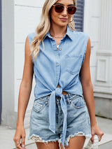 BEAUTIFUL I AM Collared Neck Sleeveless Denim Shirt Top