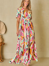 BEAUTIFUL I AM Slit Printed Surplice Short Sleeve Maxi Dress