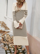 BEAUTIFUL I AM Striped V-Neck Long Sleeve Sweater Dress