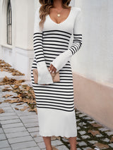 BEAUTIFUL I AM Striped V-Neck Long Sleeve Sweater Dress