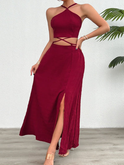 BEAUTIFUL I AM Grecian Neck Top and Slit Skirt Dress Set