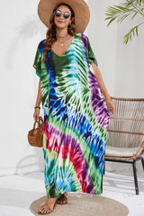 BEAUTIFUL I AM Slit Printed V-Neck Short Sleeve Cover Up Dress