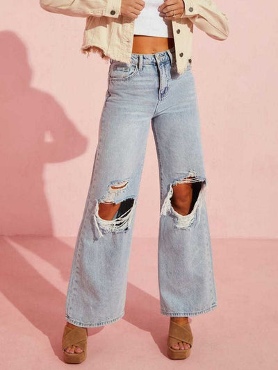 BEAUTIFUL I AM Distressed Wide Leg Jeans with Pockets