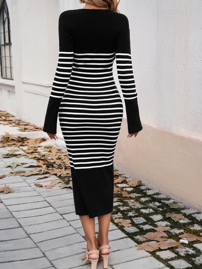 BEAUTIFUL I AM Striped V-Neck Long Sleeve Sweater Dress