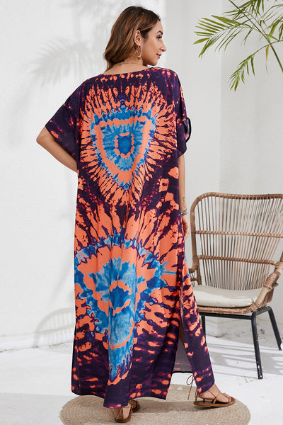 BEAUTIFUL I AM Slit Printed V-Neck Short Sleeve Cover Up Dress