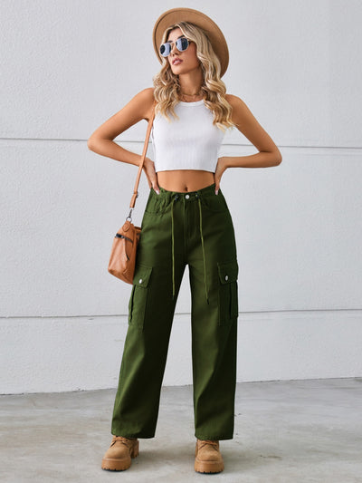 BEAUTIFUL I AM Drawstring Mid-Rise Waist Straight Cargo Jeans