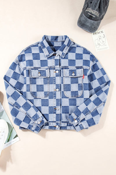 BEAUTIFUL I AM Checkered Button Up Long Sleeve Denim Jacket