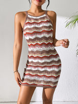 BEAUTIFUL I AM Openwork Striped Spaghetti Strap Knit Dress