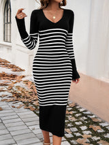 BEAUTIFUL I AM Striped V-Neck Long Sleeve Sweater Dress