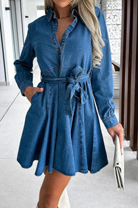 BEAUTIFUL I AM Tied Half Button Long Sleeve Denim Dress