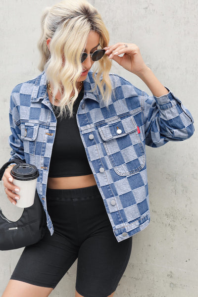 BEAUTIFUL I AM Checkered Button Up Long Sleeve Denim Jacket