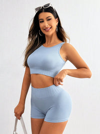 BEAUTIFUL I AM Round Neck Wide Strap Top and Shorts Active Wear Set