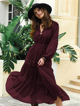 BEAUTIFUL I AM Tie Neck Long Sleeve Midi Tiered Dress